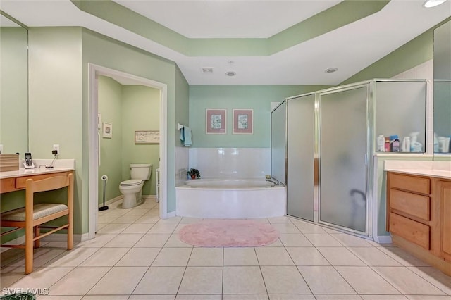 bathroom featuring a garden tub, toilet, tile patterned flooring, vanity, and a shower stall