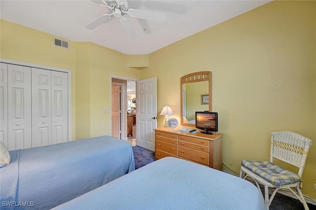 bedroom featuring a closet, visible vents, and ceiling fan