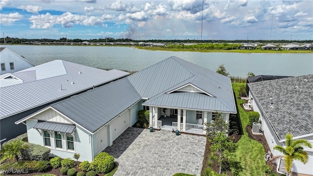 aerial view featuring a water view