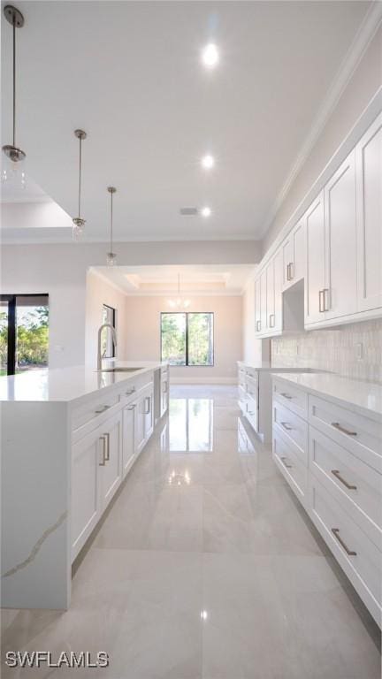 kitchen featuring a spacious island, a sink, white cabinets, decorative backsplash, and a raised ceiling