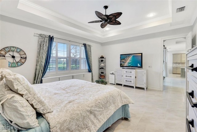 14821 Windward Ln, Naples, FL 34114 - bedroom featuring visible vents, ornamental molding, light tile patterned flooring, and a tray ceiling