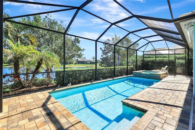 14821 Windward Ln, Naples, FL 34114 - view of swimming pool featuring a patio, a water view, a pool with connected hot tub, and glass enclosure