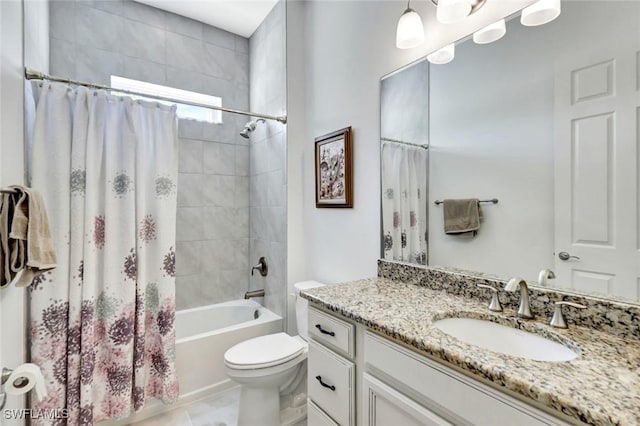 bathroom with tile patterned floors, vanity, toilet, and shower / bathtub combination with curtain