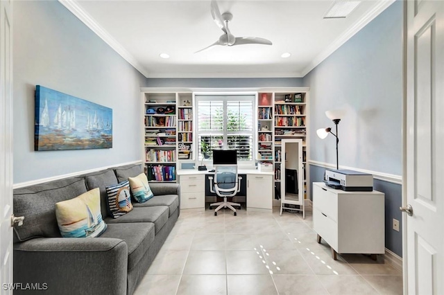 home office featuring light tile patterned floors, recessed lighting, visible vents, ornamental molding, and ceiling fan