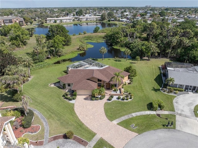 drone / aerial view featuring a water view