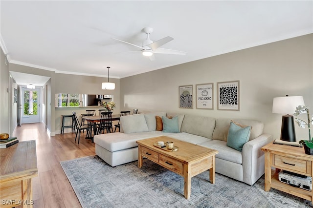 living area featuring baseboards, light wood-style flooring, a ceiling fan, and crown molding