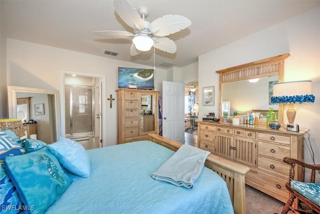 carpeted bedroom featuring ceiling fan and visible vents