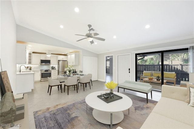 living room featuring ceiling fan, light tile patterned flooring, vaulted ceiling, and recessed lighting