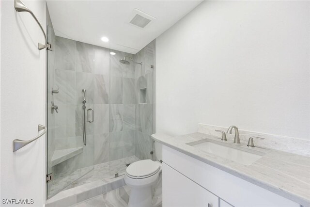 full bath with toilet, a stall shower, visible vents, and vanity