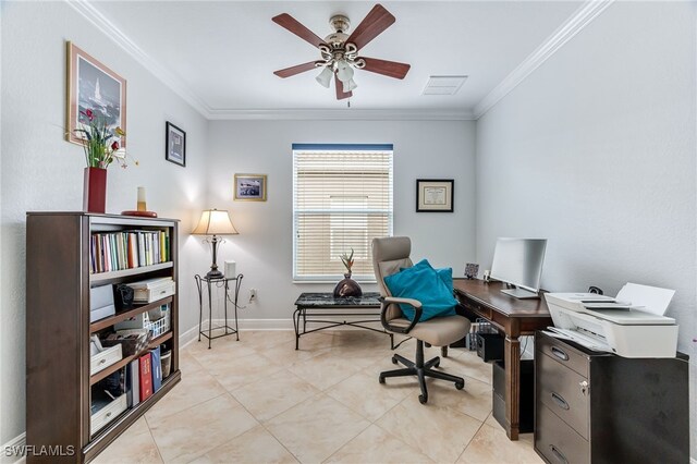 office space with baseboards, light tile patterned flooring, and crown molding