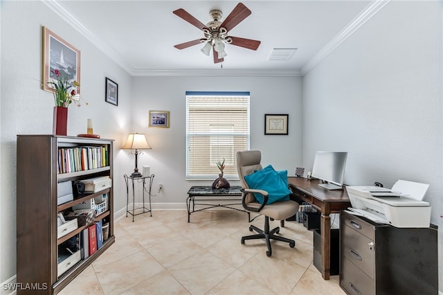 8732 Banyan Bay Blvd, Fort Myers, FL 33908 - office area with ornamental molding, a ceiling fan, and light tile patterned flooring