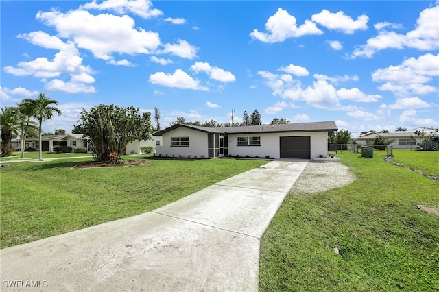 ranch-style house with stucco siding, a front yard, fence, a garage, and driveway