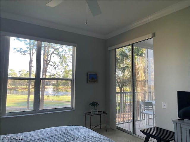 bedroom with access to outside, ornamental molding, and carpet flooring