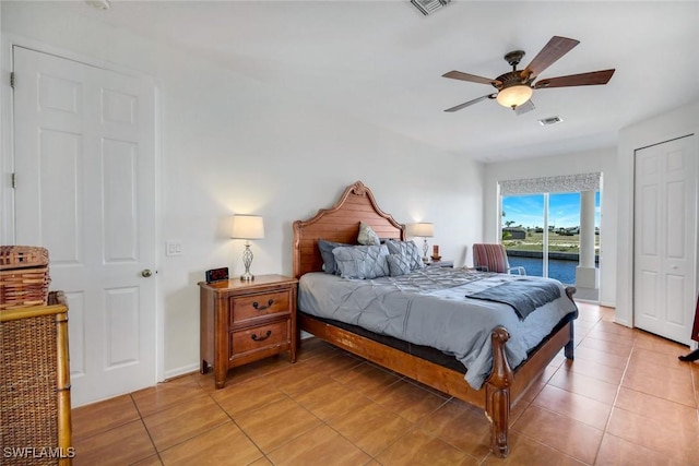 bedroom with light tile patterned floors, visible vents, access to exterior, and a ceiling fan