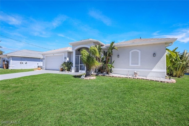 ranch-style house with a garage, stucco siding, concrete driveway, and a front lawn