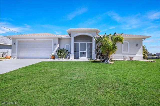 view of front facade featuring a front lawn, concrete driveway, an attached garage, and stucco siding