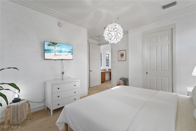 bedroom with connected bathroom, visible vents, a notable chandelier, and light carpet