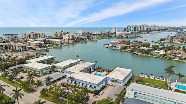 bird's eye view with a water view and a city view