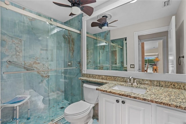 full bathroom with visible vents, vanity, a shower stall, and toilet