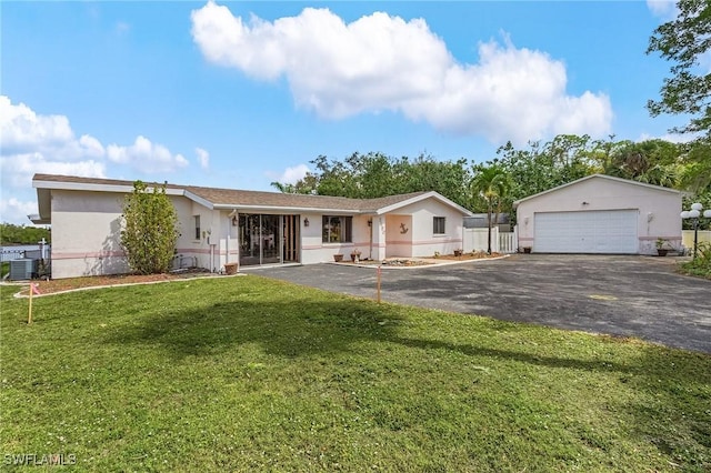 ranch-style house with a garage, fence, cooling unit, a front lawn, and stucco siding