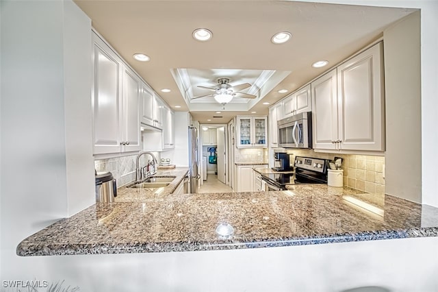 kitchen featuring stone countertops, a raised ceiling, appliances with stainless steel finishes, ornamental molding, and a sink