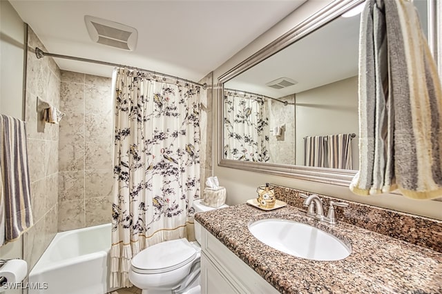 full bath featuring toilet, shower / bath combo, visible vents, and vanity