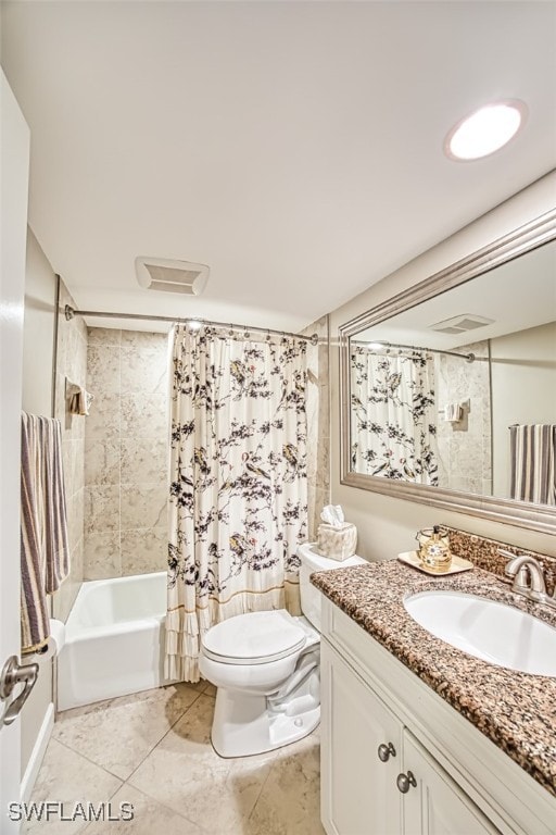 full bathroom featuring visible vents, vanity, shower / bath combination with curtain, and toilet