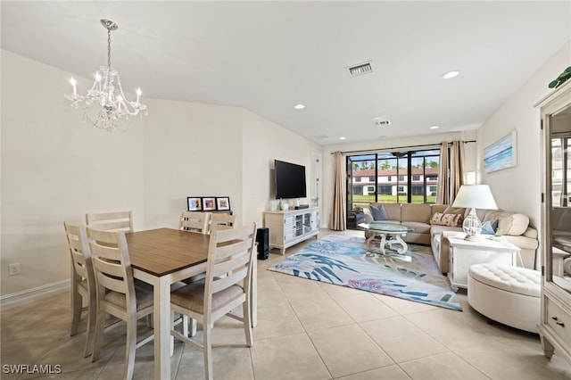 dining space featuring light tile patterned floors, visible vents, a chandelier, and recessed lighting