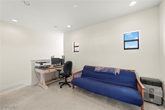 carpeted home office with recessed lighting and baseboards