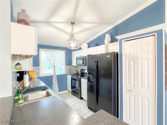 kitchen with light tile patterned floors, black appliances, decorative backsplash, and white cabinets