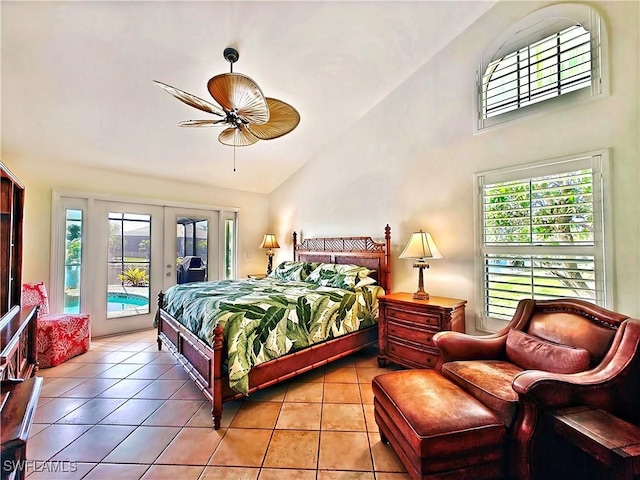 bedroom featuring access to outside, french doors, a ceiling fan, and tile patterned floors