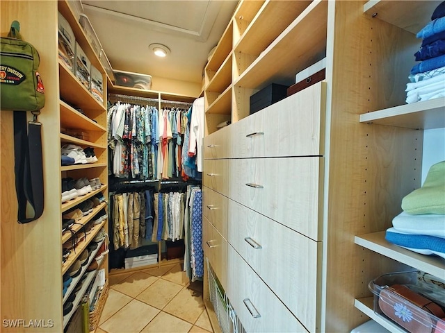 spacious closet with attic access and light tile patterned flooring