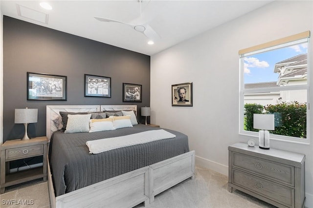 bedroom with a ceiling fan, baseboards, carpet flooring, and recessed lighting