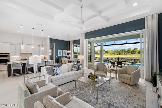 living room featuring coffered ceiling, ceiling fan, light tile patterned flooring, beam ceiling, and recessed lighting