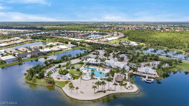 aerial view with a water view and a residential view