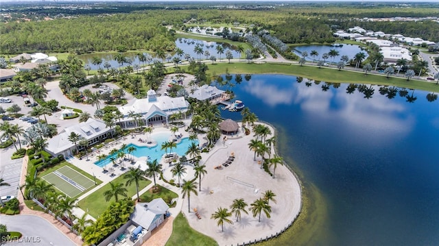 aerial view featuring a water view