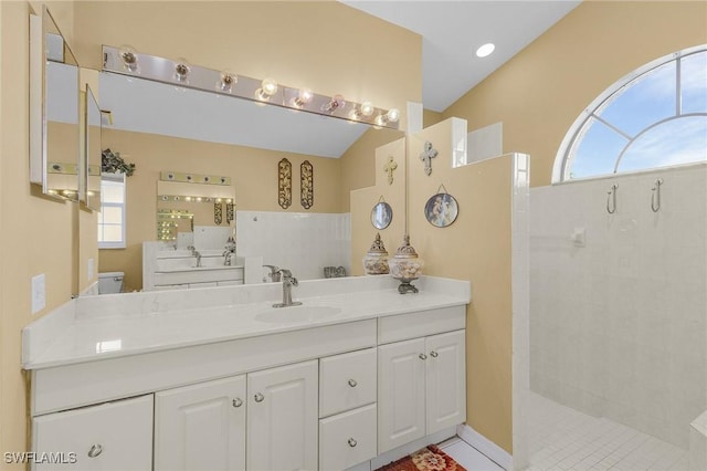 bathroom featuring walk in shower and vanity