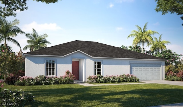 view of front of house with a garage, a shingled roof, driveway, stucco siding, and a front yard