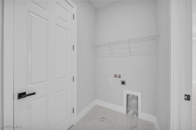 washroom with baseboards, washer hookup, laundry area, marble finish floor, and electric dryer hookup