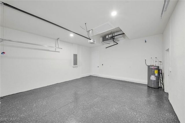 garage featuring electric panel, a garage door opener, and water heater