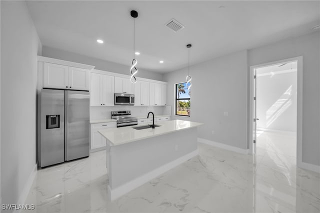 kitchen with marble finish floor, visible vents, appliances with stainless steel finishes, and a sink