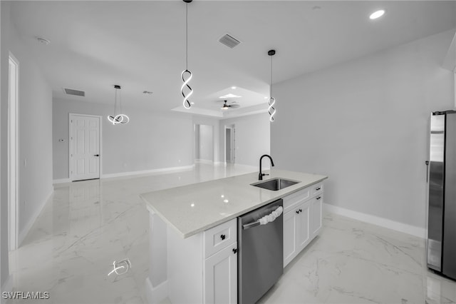 kitchen featuring baseboards, visible vents, a sink, stainless steel appliances, and marble finish floor