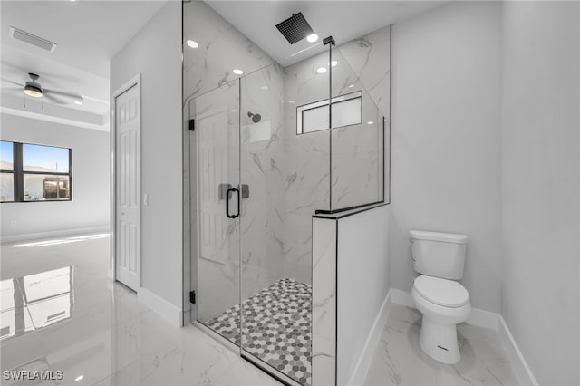 full bath with a marble finish shower, visible vents, baseboards, toilet, and marble finish floor