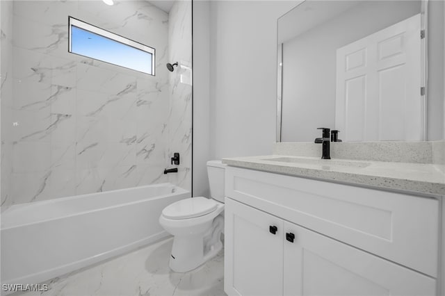 full bath with toilet, marble finish floor, vanity, and shower / tub combination