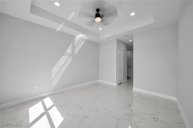 additional living space with recessed lighting, baseboards, marble finish floor, and ceiling fan