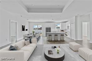 living area with a tray ceiling