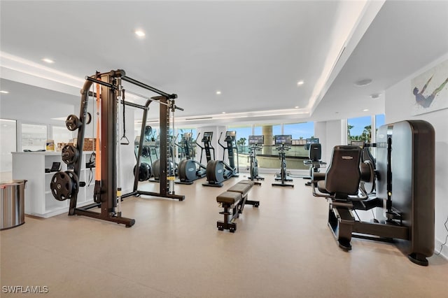 workout area featuring recessed lighting