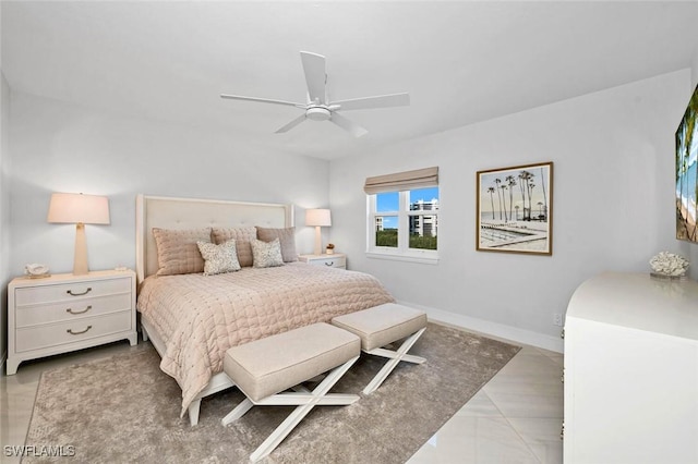 bedroom featuring ceiling fan and baseboards