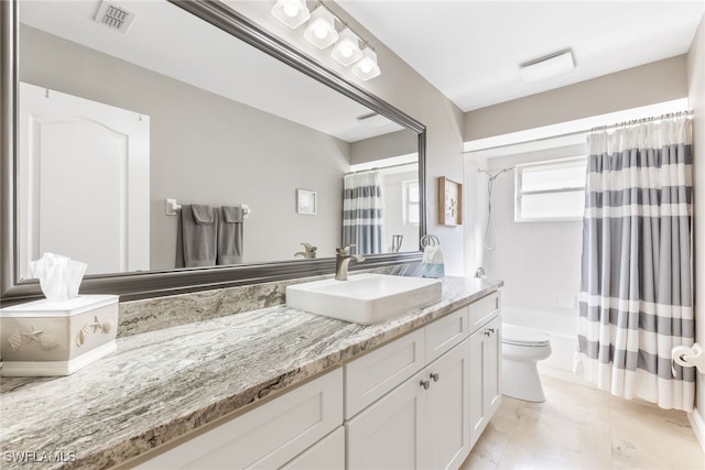 bathroom with shower / bath combo, visible vents, toilet, tile patterned flooring, and vanity