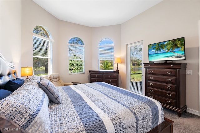 bedroom featuring baseboards and dark colored carpet